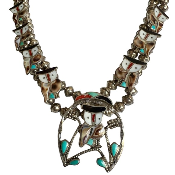 Sterling Silver Zuni Inlay Owl Squash Blossom Necklace Signed PITKIN PW NATEWA - Picture 7 of 12